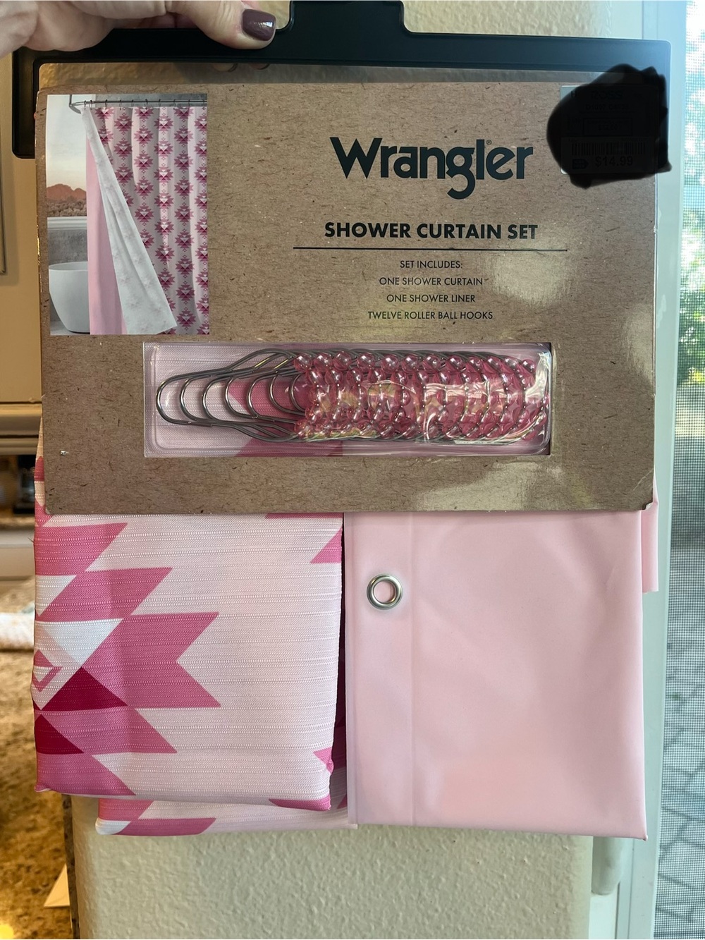 Wrangler Pink Geometric Shower Curtain Set with Matching Hooks